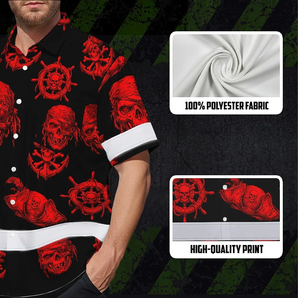 Hi Vis Hawaiian Shirt Reflective Tapes Black Red Skull Boat Custom Name Safety Workwear For Workers, Truckers, Operators