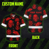 Hi Vis Hawaiian Shirt Reflective Tapes Black Red Skull Boat Custom Name Safety Workwear For Workers, Truckers, Operators