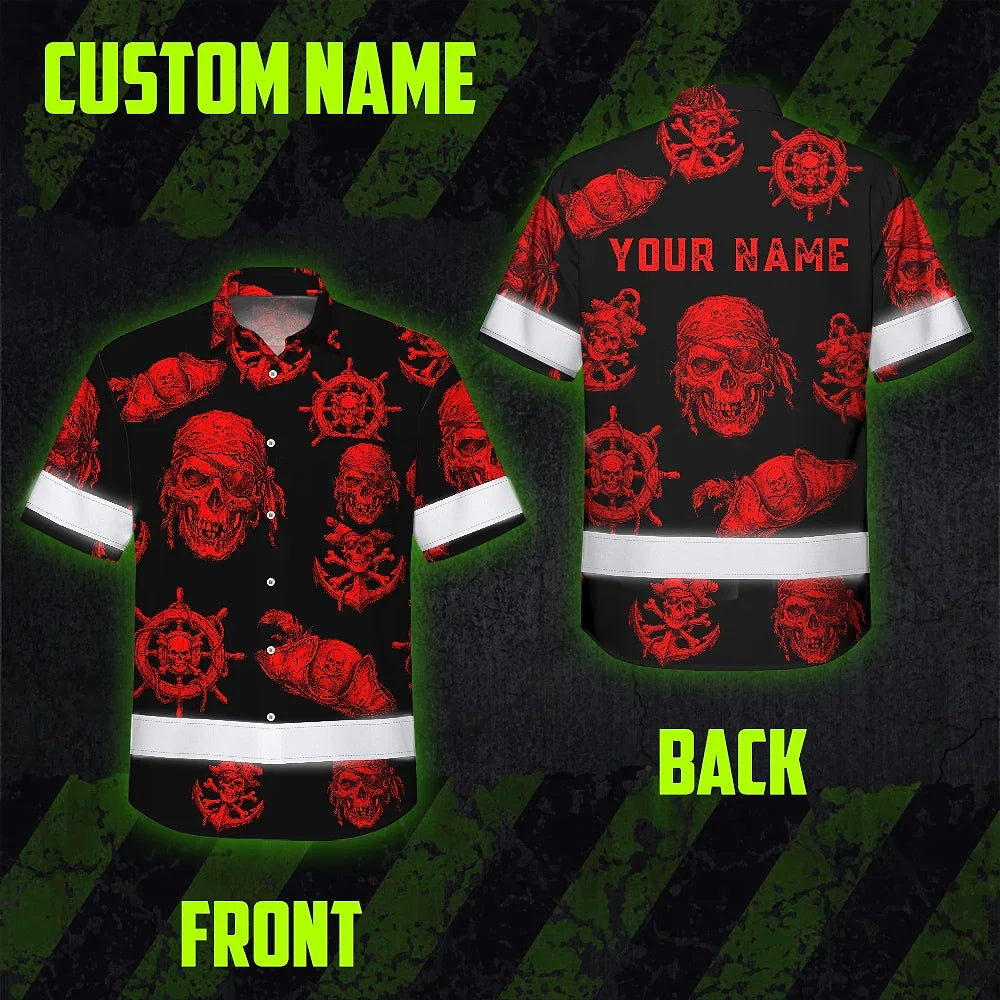Hi Vis Hawaiian Shirt Reflective Tapes Black Red Skull Boat Custom Name Safety Workwear For Workers, Truckers, Operators