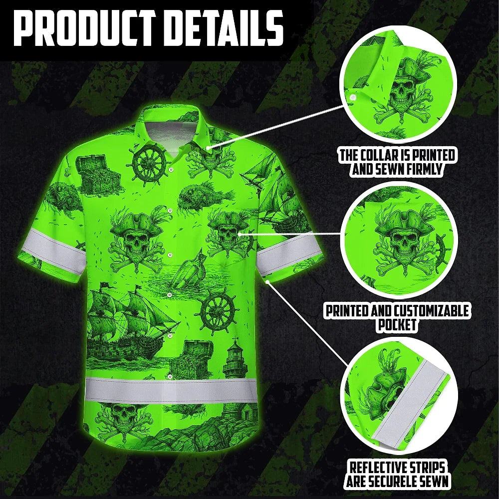 Hi Vis Hawaiian Shirt Reflective Tapes Black Skull Boat Custom Name Safety Workwear For Workers, Truckers, Operators