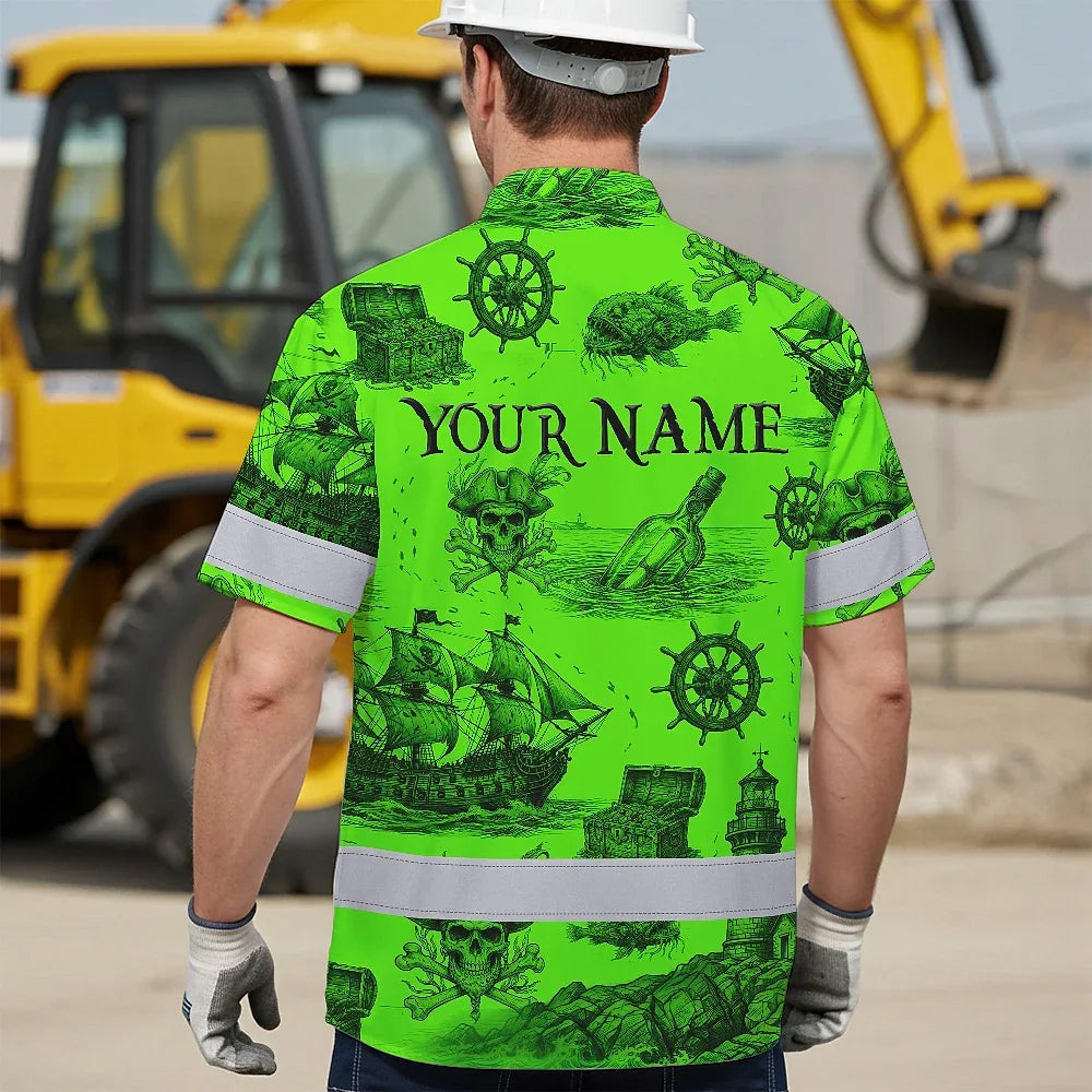 Hi Vis Hawaiian Shirt Reflective Tapes Black Skull Boat Custom Name Safety Workwear For Workers, Truckers, Operators