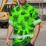 Hi Vis Hawaiian Shirt Reflective Tapes Black Skull Boat Custom Name Safety Workwear For Workers, Truckers, Operators