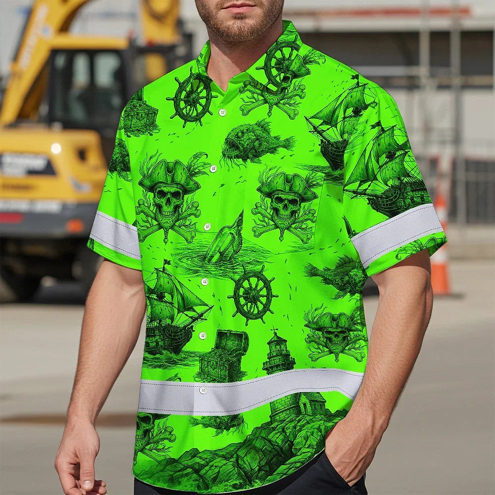 Hi Vis Hawaiian Shirt Reflective Tapes Black Skull Boat Custom Name Safety Workwear For Workers, Truckers, Operators