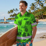 Hi Vis Hawaiian Shirt Reflective Tapes Black Skull Boat Custom Name Safety Workwear For Workers, Truckers, Operators