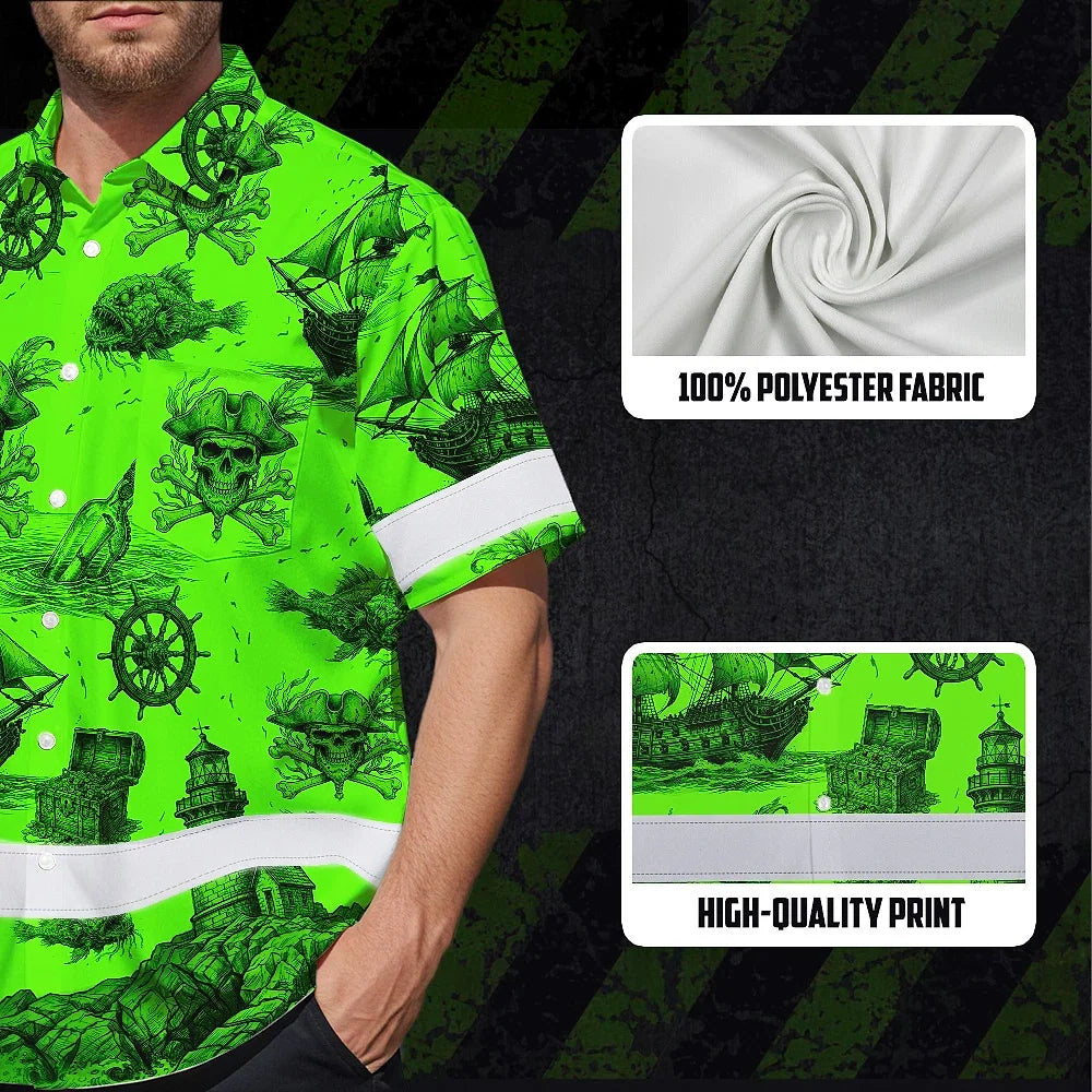 Hi Vis Hawaiian Shirt Reflective Tapes Black Skull Boat Custom Name Safety Workwear For Workers, Truckers, Operators