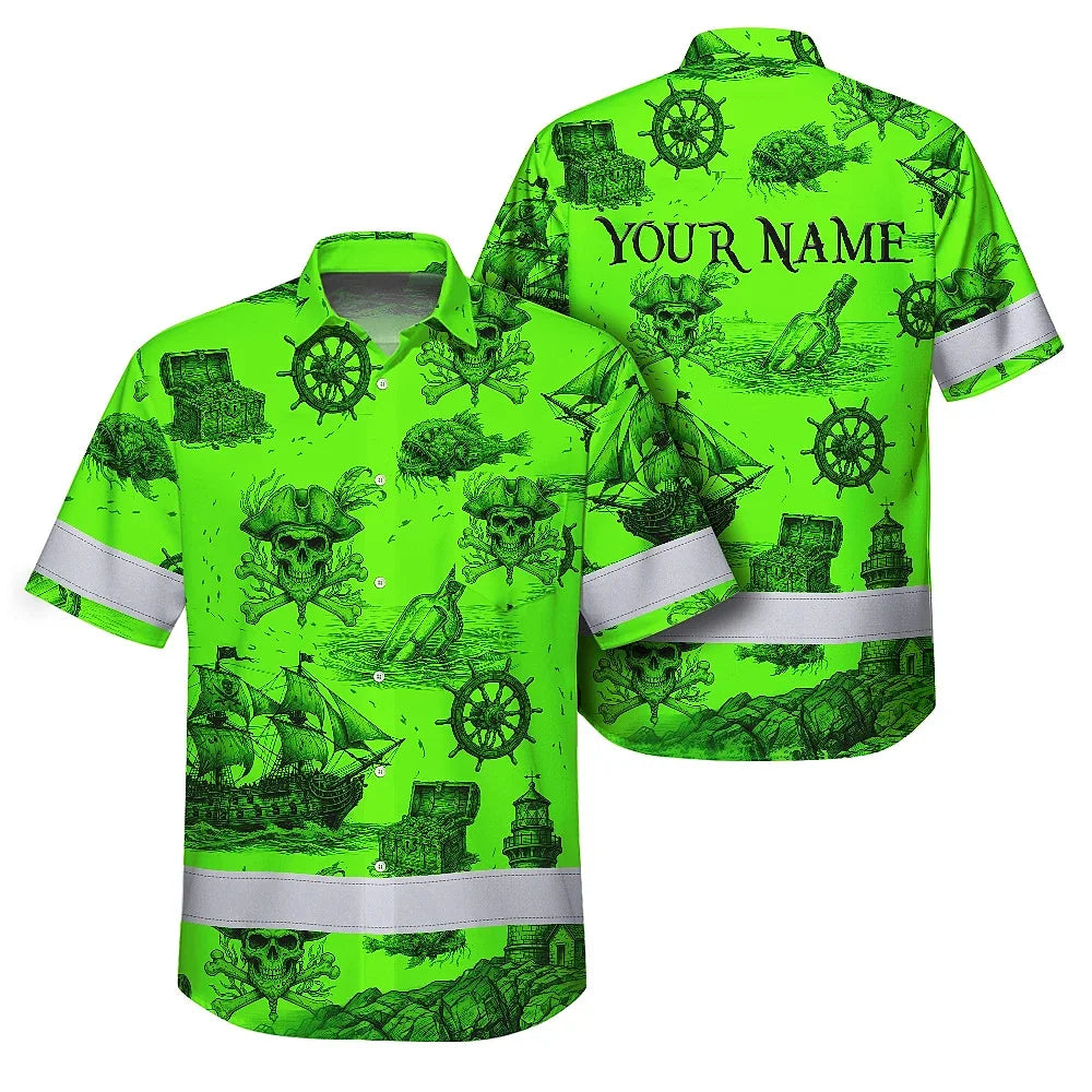 Hi Vis Hawaiian Shirt Reflective Tapes Black Skull Boat Custom Name Safety Workwear For Workers, Truckers, Operators