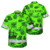 Hi Vis Hawaiian Shirt Reflective Tapes Black Skull Boat Custom Name Safety Workwear For Workers, Truckers, Operators