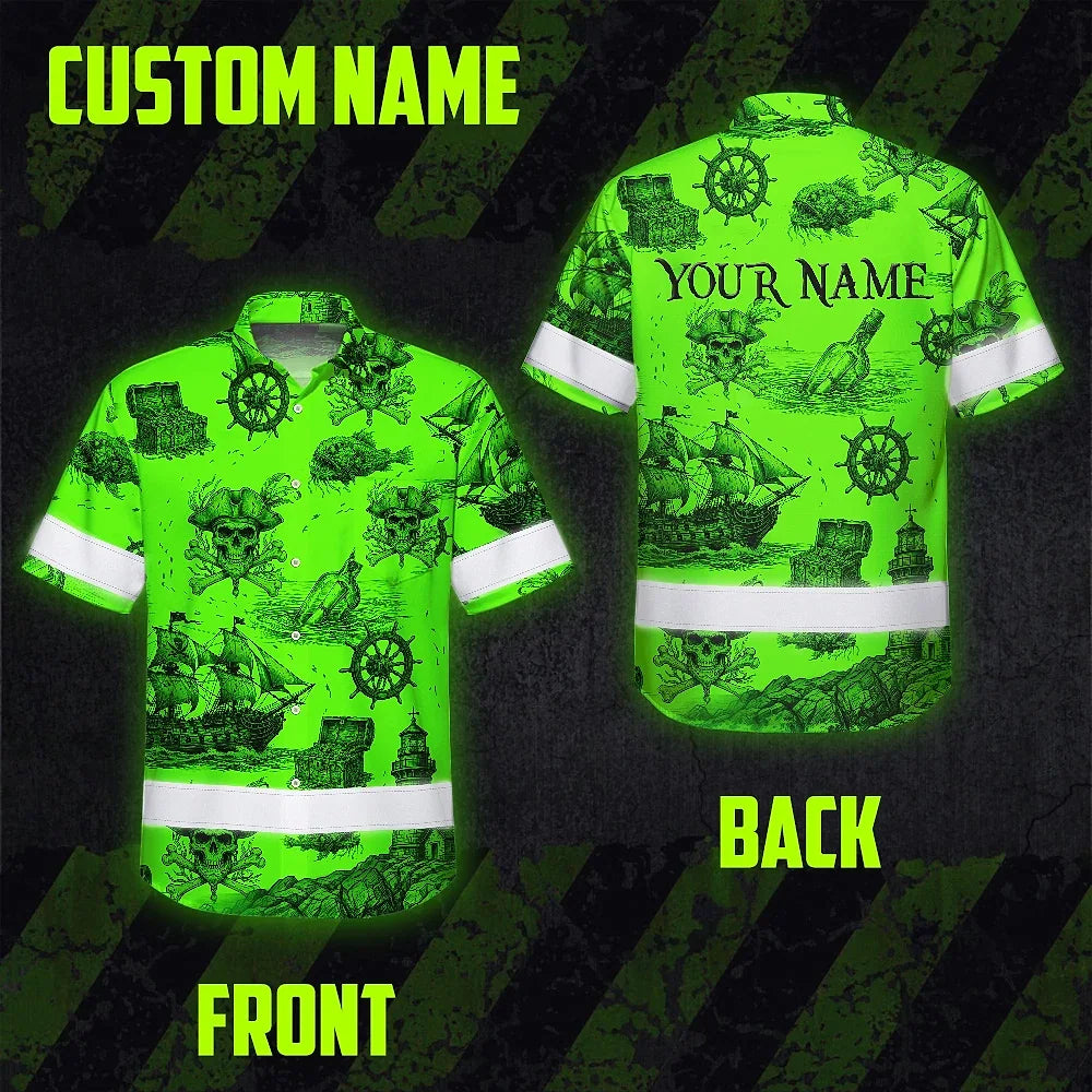 Hi Vis Hawaiian Shirt Reflective Tapes Black Skull Boat Custom Name Safety Workwear For Workers, Truckers, Operators