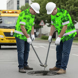 Hi Vis Hawaiian Shirt Reflective Tapes Black Skull Boat Custom Name Safety Workwear For Workers, Truckers, Operators