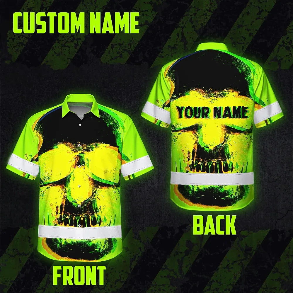 Hi Vis Hawaiian Shirt Reflective Tapes Black Skull Shadow Custom Name Safety