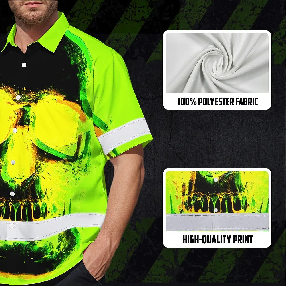Hi Vis Hawaiian Shirt Reflective Tapes Black Skull Shadow Custom Name Safety