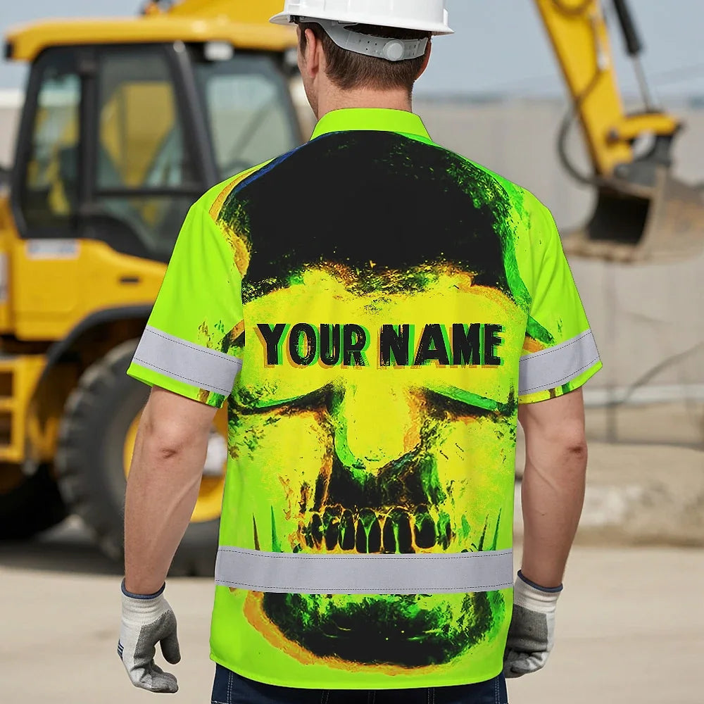Hi Vis Hawaiian Shirt Reflective Tapes Black Skull Shadow Custom Name Safety