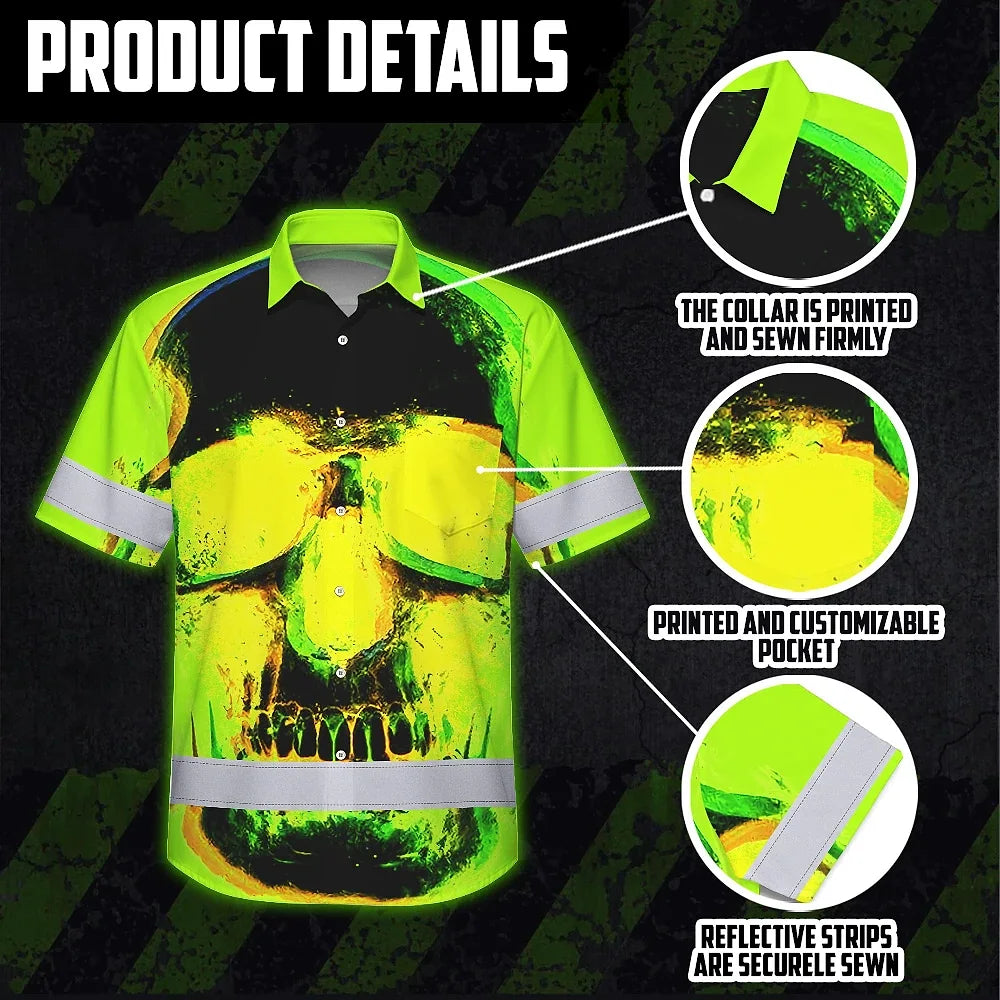Hi Vis Hawaiian Shirt Reflective Tapes Black Skull Shadow Custom Name Safety
