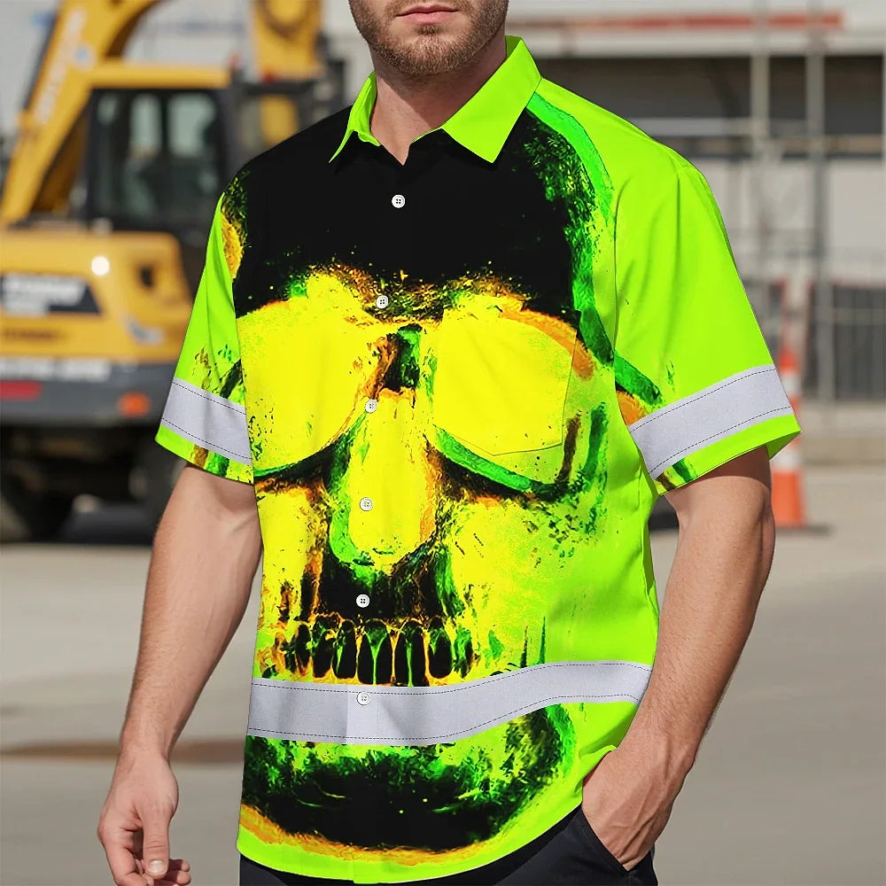 Hi Vis Hawaiian Shirt Reflective Tapes Black Skull Shadow Custom Name Safety
