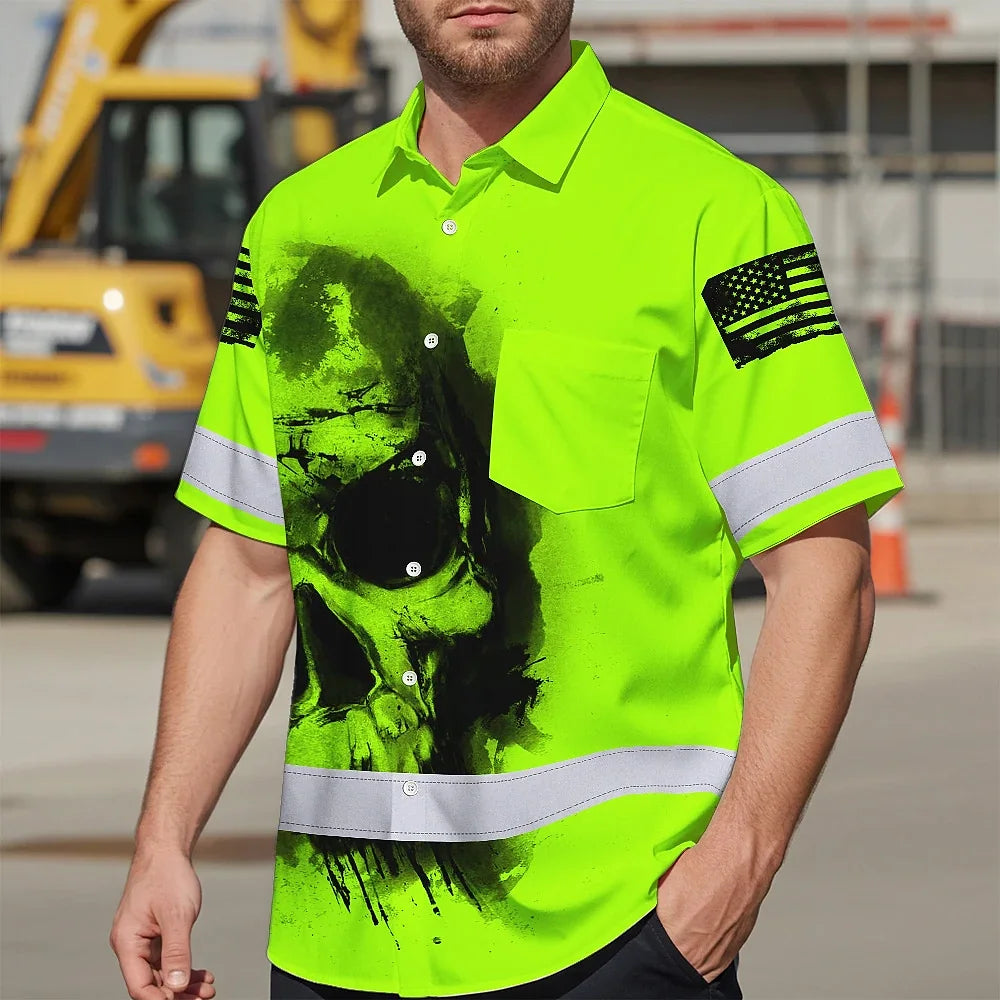 Hi Vis Hawaiian Shirt Reflective Tapes Black Skull US Flag Safety Workwear