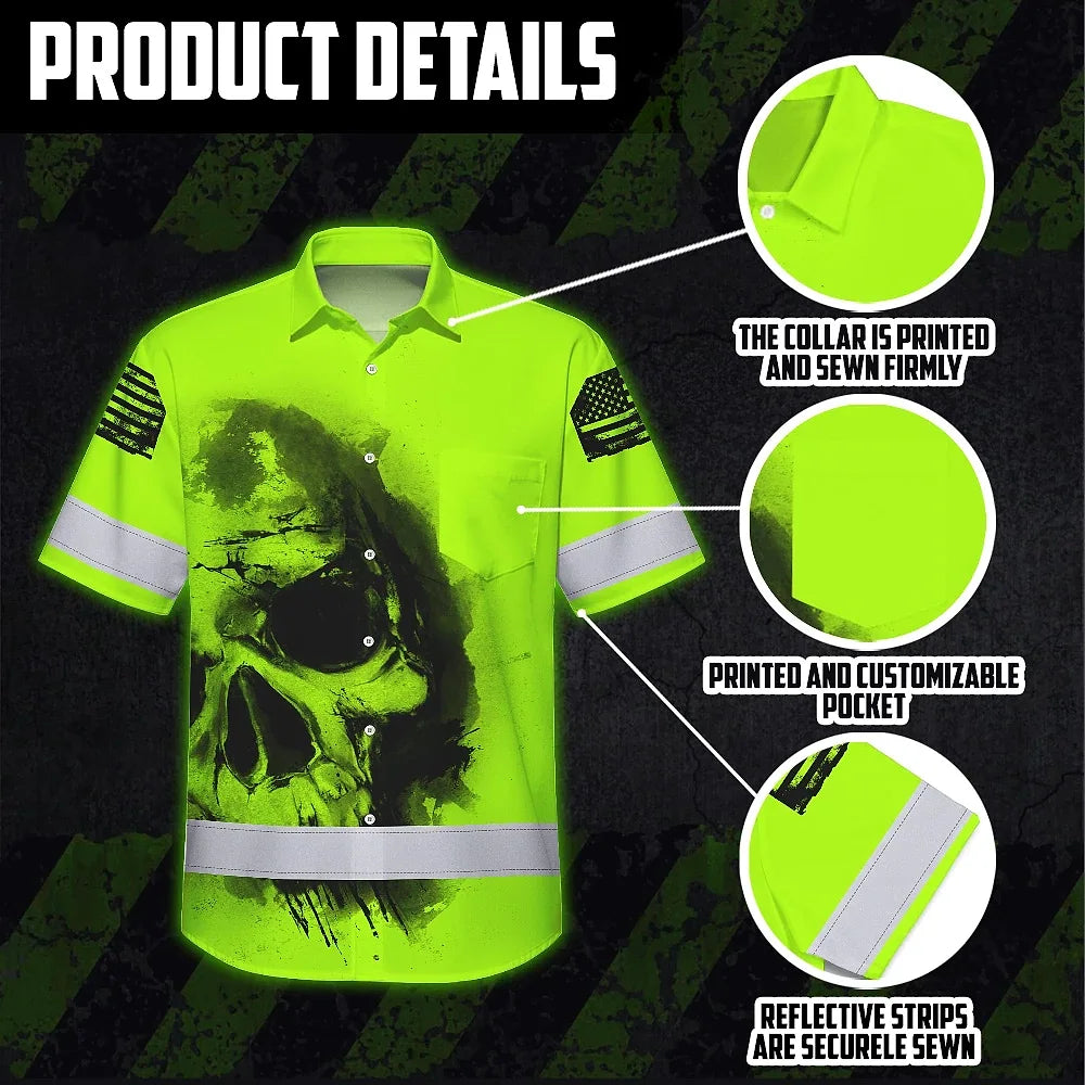 Hi Vis Hawaiian Shirt Reflective Tapes Black Skull US Flag Safety Workwear