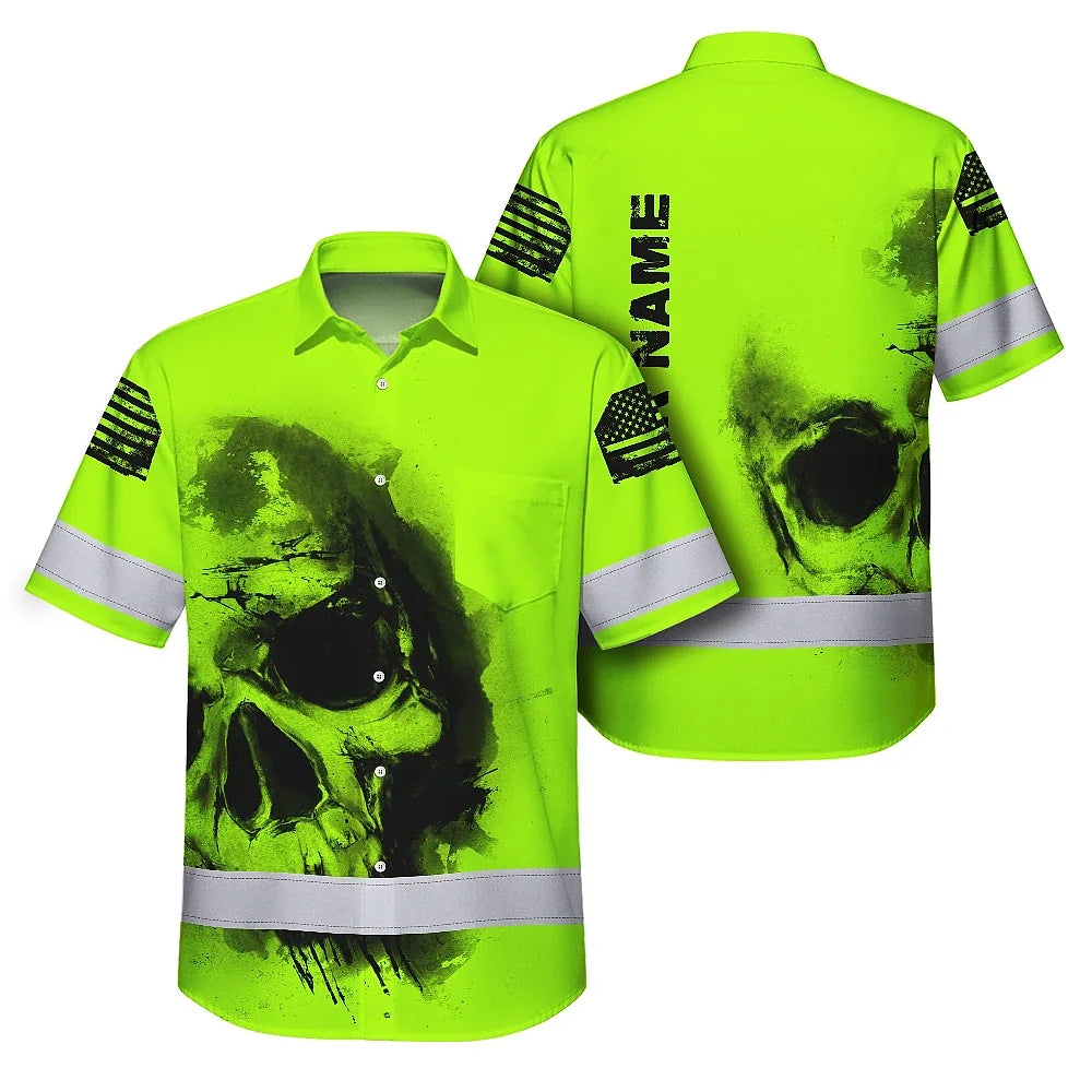 Hi Vis Hawaiian Shirt Reflective Tapes Black Skull US Flag Safety Workwear