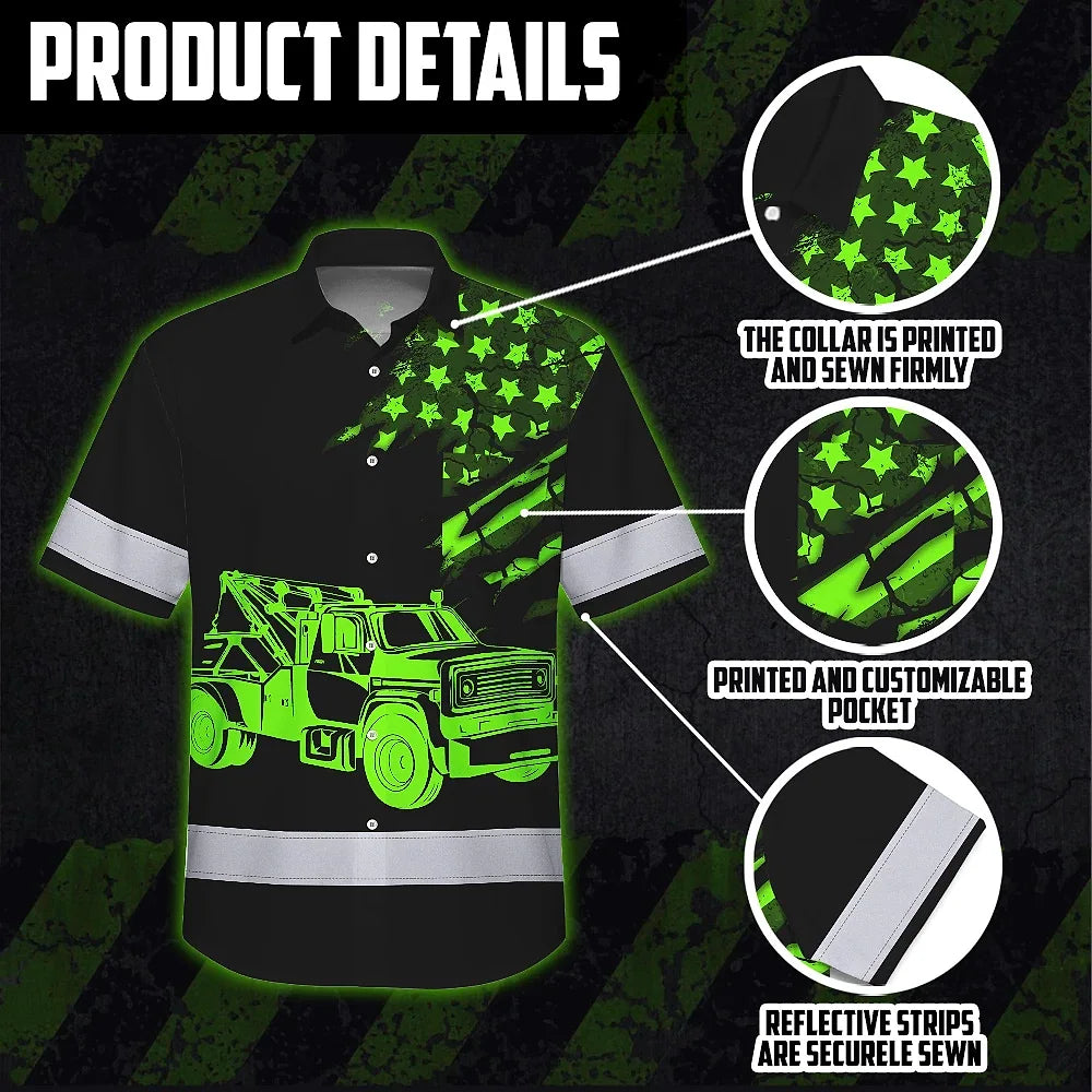 Hi Vis Hawaiian Shirt Reflective Tapes Black Tow Truck Driver Custom Name Safety