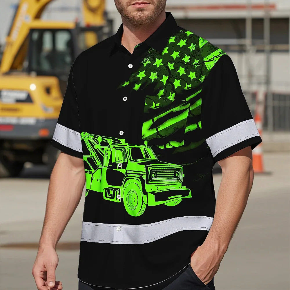 Hi Vis Hawaiian Shirt Reflective Tapes Black Tow Truck Driver Custom Name Safety