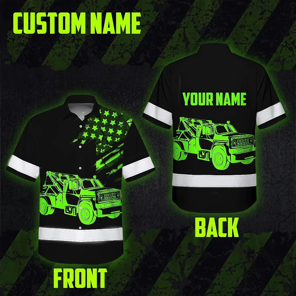 Hi Vis Hawaiian Shirt Reflective Tapes Black Tow Truck Driver Custom Name Safety