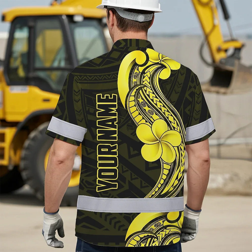 Hi Vis Hawaiian Shirt Reflective Tapes Black Yellow Polynesian Custom Name Safety Workwear For Workers, Truckers, Operators
