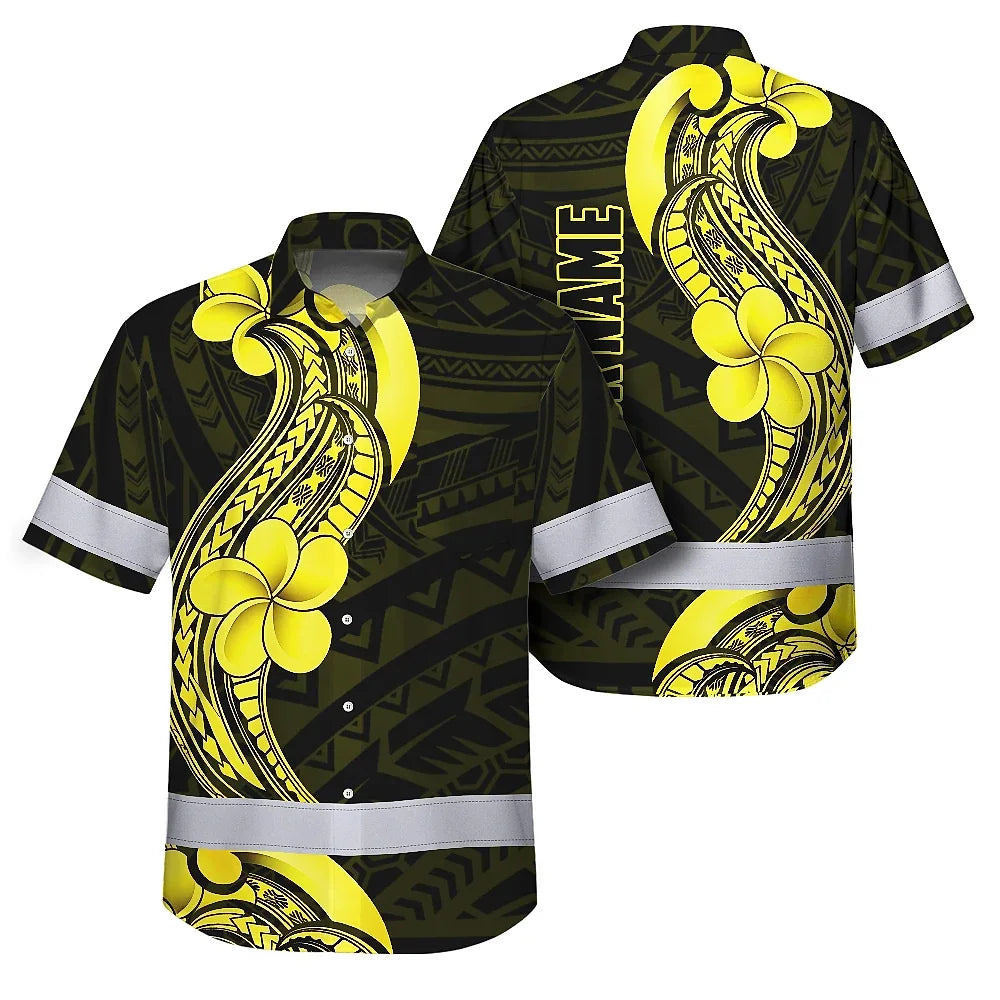 Hi Vis Hawaiian Shirt Reflective Tapes Black Yellow Polynesian Custom Name Safety Workwear For Workers, Truckers, Operators