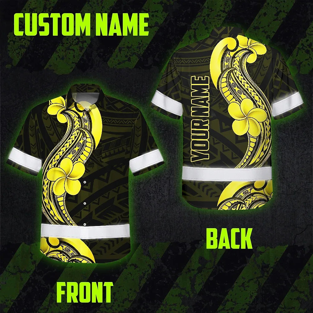 Hi Vis Hawaiian Shirt Reflective Tapes Black Yellow Polynesian Custom Name Safety Workwear For Workers, Truckers, Operators