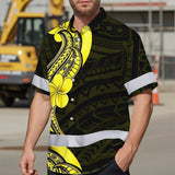 Hi Vis Hawaiian Shirt Reflective Tapes Black Yellow Polynesian Custom Name Safety Workwear For Workers, Truckers, Operators