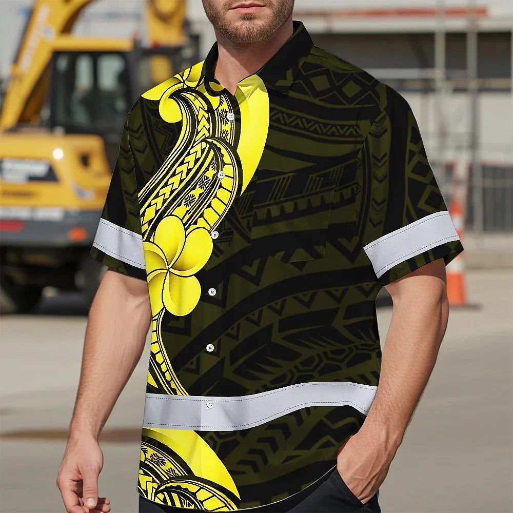 Hi Vis Hawaiian Shirt Reflective Tapes Black Yellow Polynesian Custom Name Safety Workwear For Workers, Truckers, Operators