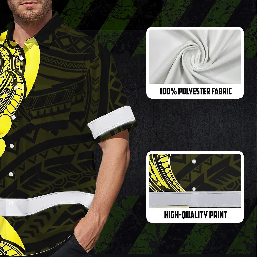 Hi Vis Hawaiian Shirt Reflective Tapes Black Yellow Polynesian Custom Name Safety Workwear For Workers, Truckers, Operators