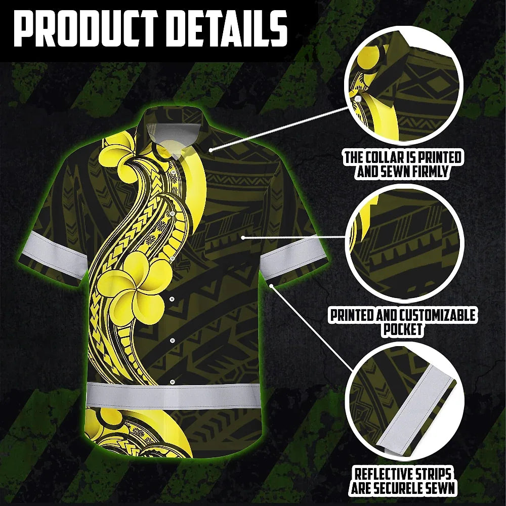 Hi Vis Hawaiian Shirt Reflective Tapes Black Yellow Polynesian Custom Name Safety Workwear For Workers, Truckers, Operators
