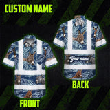 Hi Vis Hawaiian Shirt Reflective Tapes Blue And Donkey Custom Name Safety Workwear For Workers, Truckers, Operators, Company
