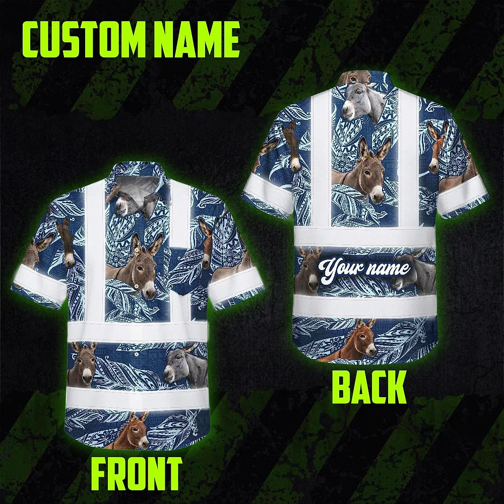 Hi Vis Hawaiian Shirt Reflective Tapes Blue And Donkey Custom Name Safety Workwear For Workers, Truckers, Operators, Company