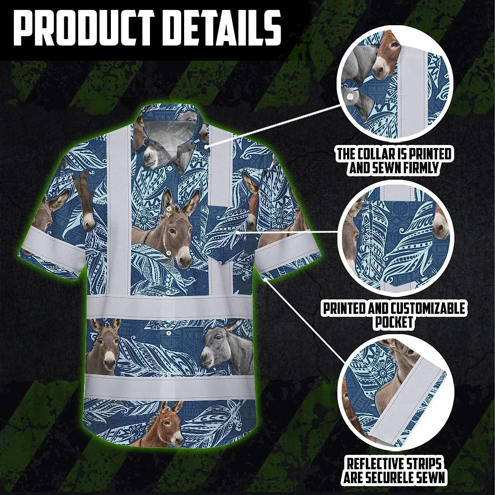 Hi Vis Hawaiian Shirt Reflective Tapes Blue And Donkey Custom Name Safety Workwear For Workers, Truckers, Operators, Company