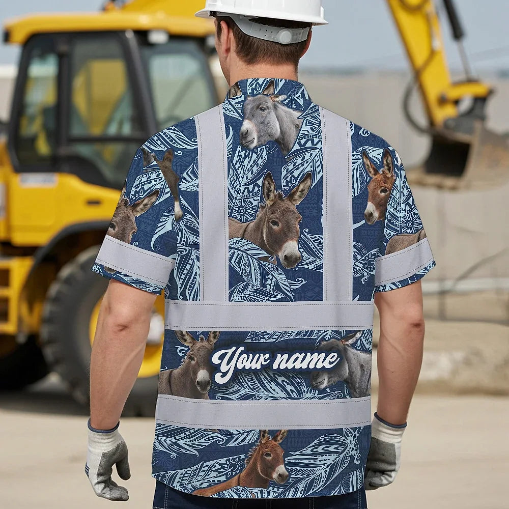 Hi Vis Hawaiian Shirt Reflective Tapes Blue And Donkey Custom Name Safety Workwear For Workers, Truckers, Operators, Company