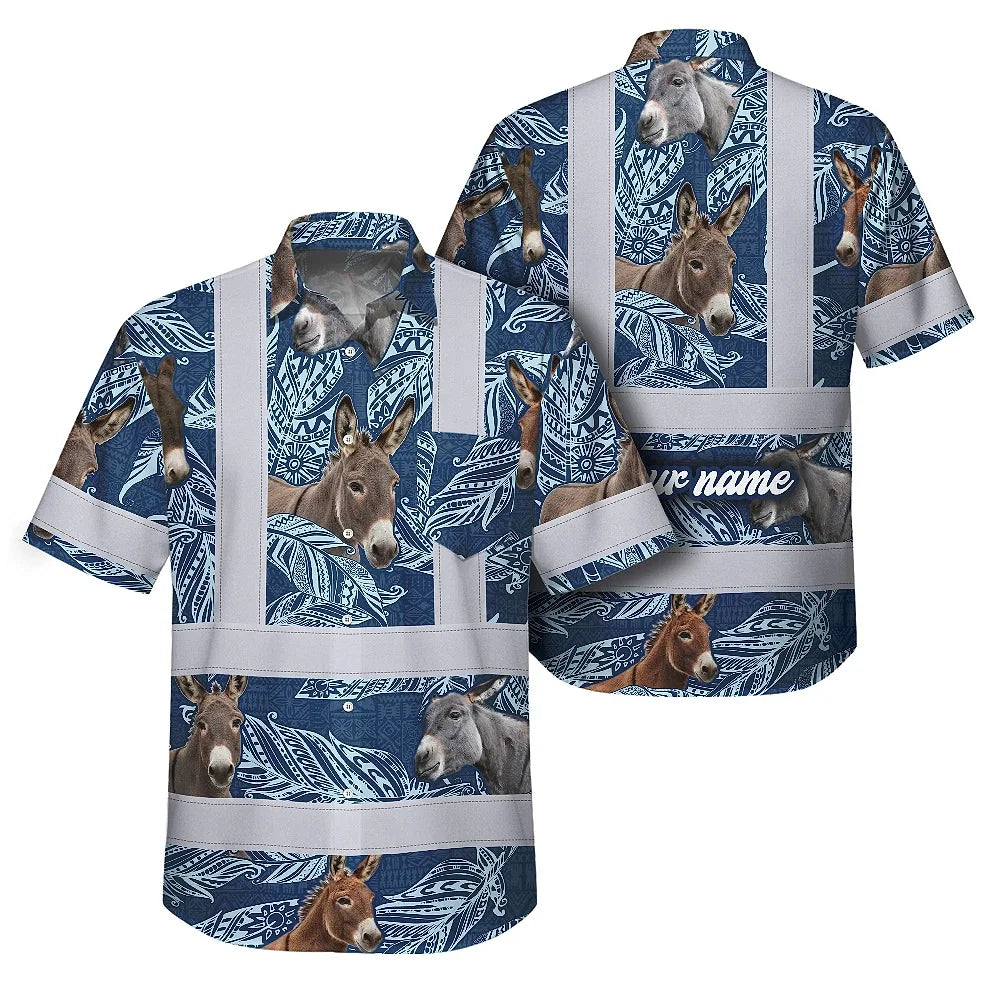 Hi Vis Hawaiian Shirt Reflective Tapes Blue And Donkey Custom Name Safety Workwear For Workers, Truckers, Operators, Company