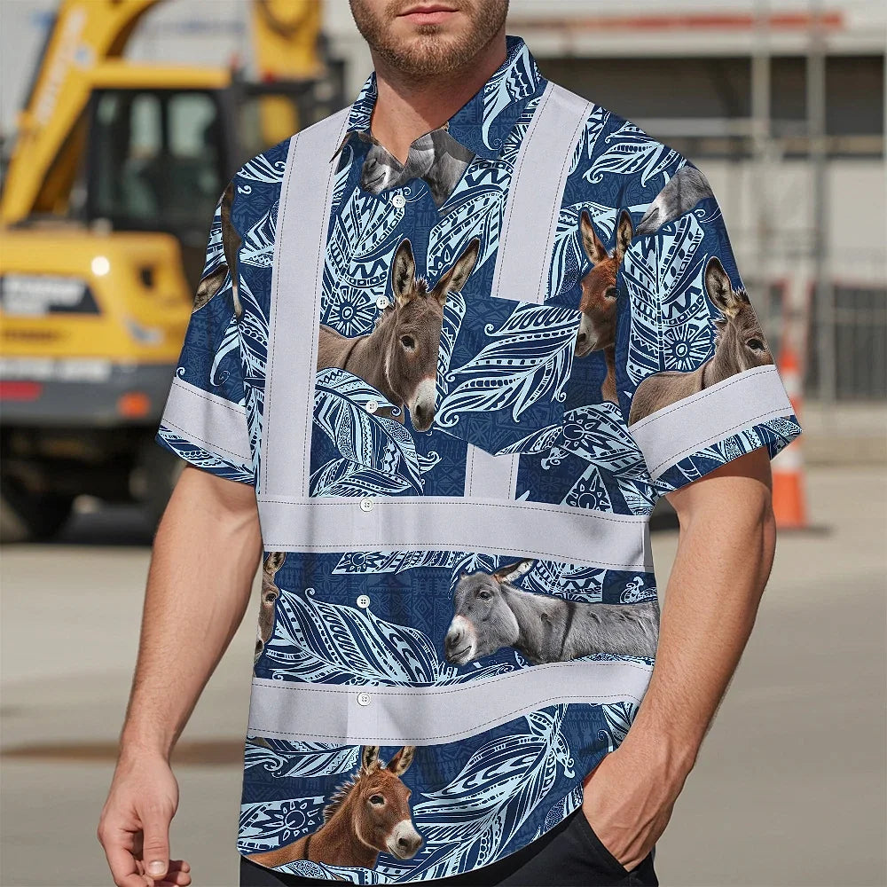 Hi Vis Hawaiian Shirt Reflective Tapes Blue And Donkey Custom Name Safety Workwear For Workers, Truckers, Operators, Company
