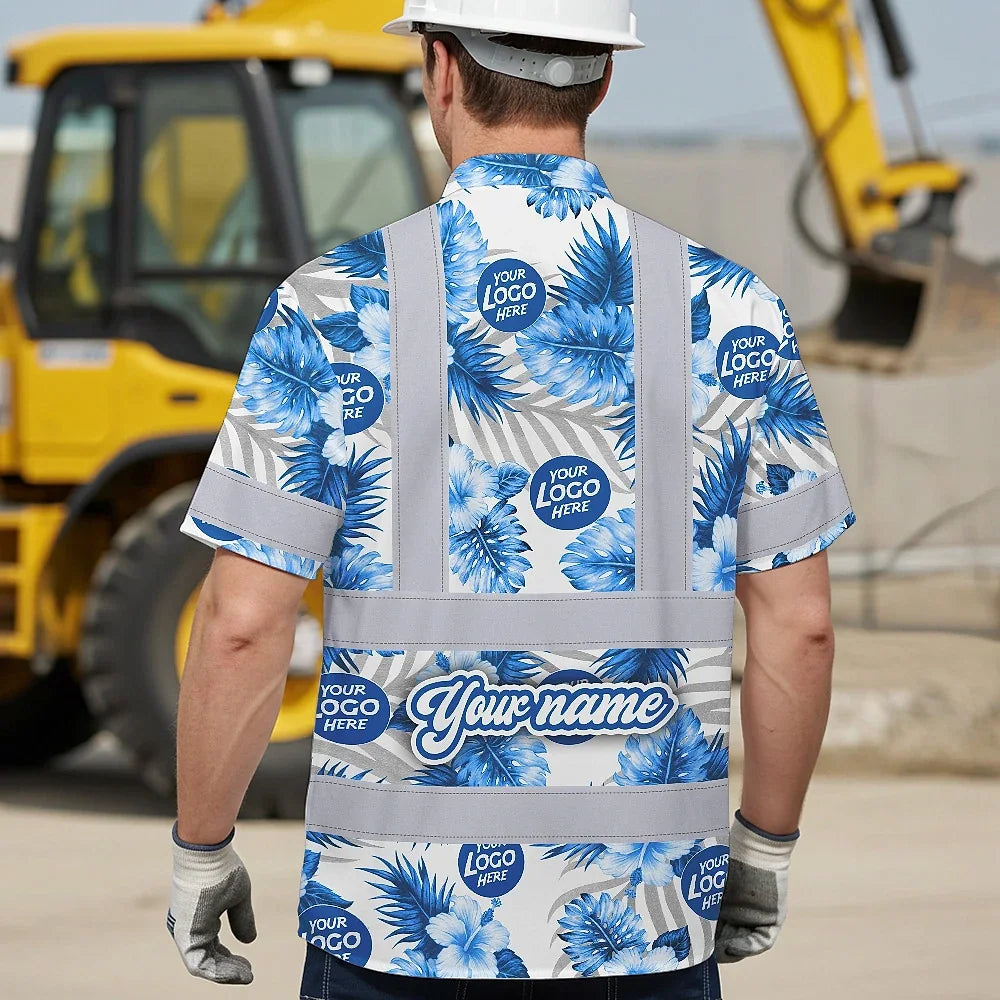 Hi Vis Hawaiian Shirt Reflective Tapes Blue And White Flowers 2 Custom Name And Logo Safety Workwear For Workers, Truckers, Operators, Company
