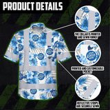 Hi Vis Hawaiian Shirt Reflective Tapes Blue And White Flowers 2 Custom Name And Logo Safety Workwear For Workers, Truckers, Operators, Company