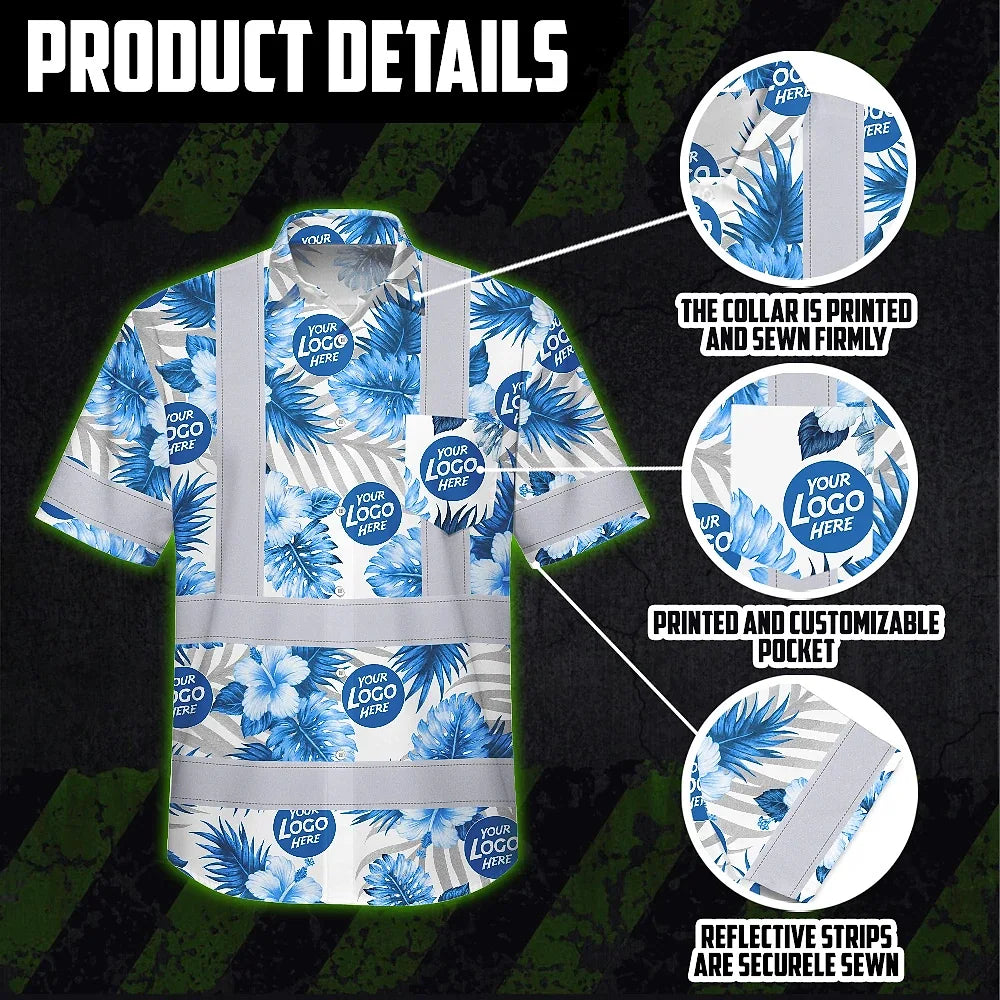 Hi Vis Hawaiian Shirt Reflective Tapes Blue And White Flowers 2 Custom Name And Logo Safety Workwear For Workers, Truckers, Operators, Company