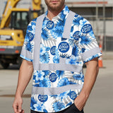 Hi Vis Hawaiian Shirt Reflective Tapes Blue And White Flowers 2 Custom Name And Logo Safety Workwear For Workers, Truckers, Operators, Company