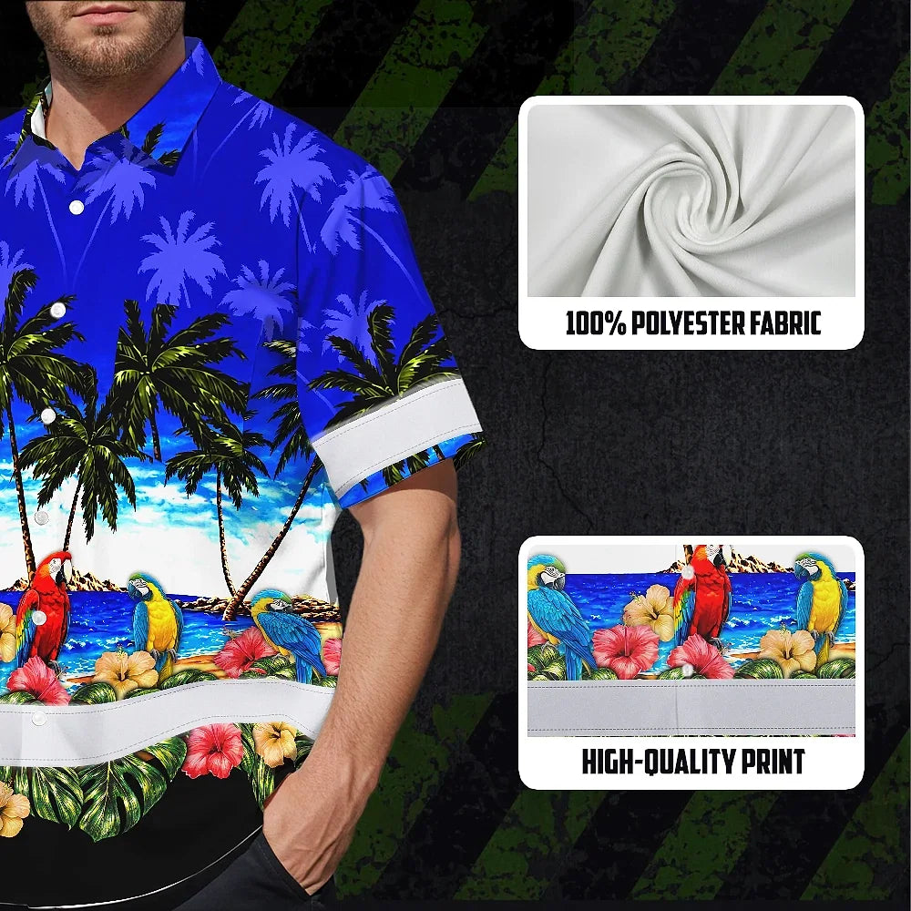 Hi Vis Hawaiian Shirt Reflective Tapes Blue Black Parrot Hawaii Custom Name Safety Workwear For Workers, Truckers, Operators