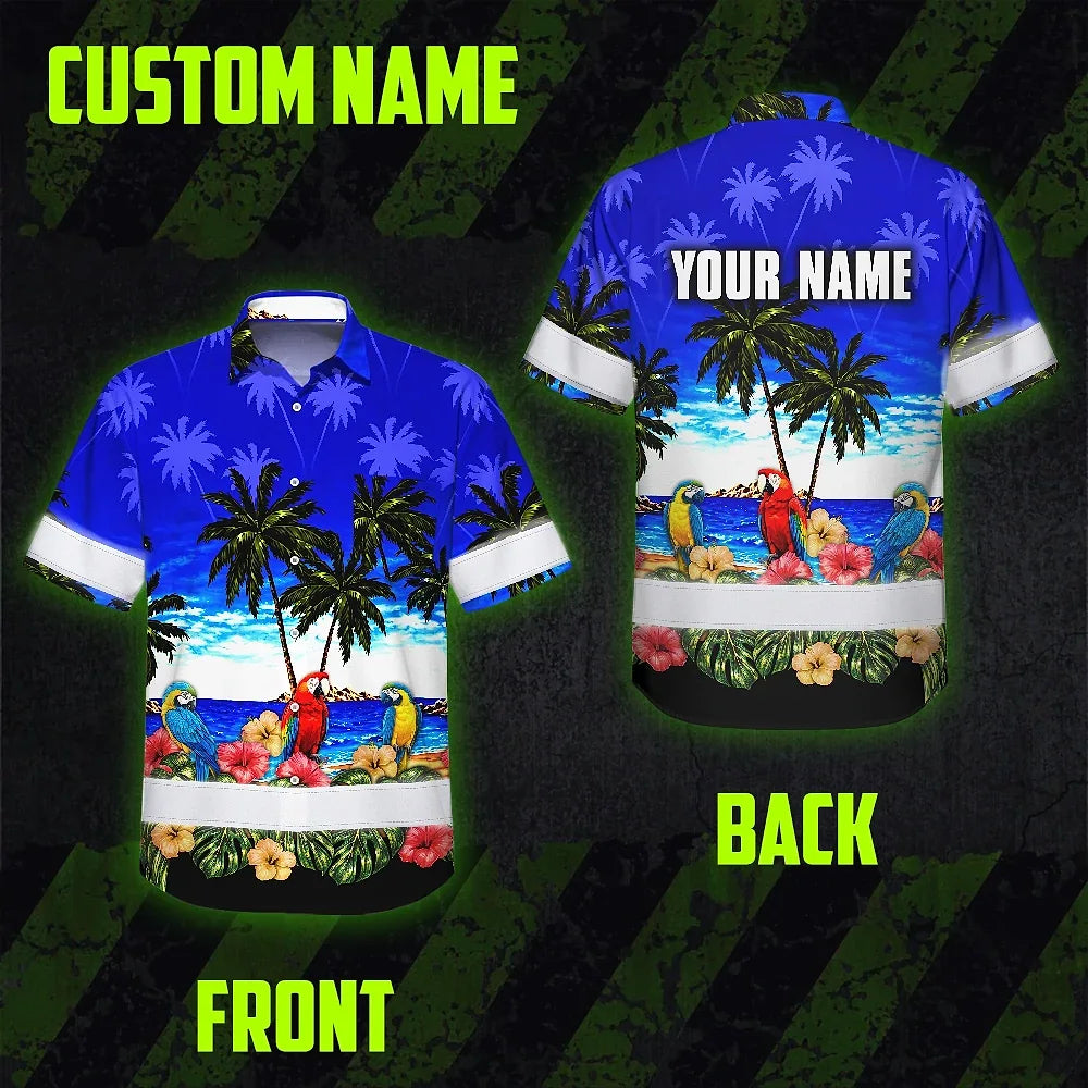 Hi Vis Hawaiian Shirt Reflective Tapes Blue Black Parrot Hawaii Custom Name Safety Workwear For Workers, Truckers, Operators