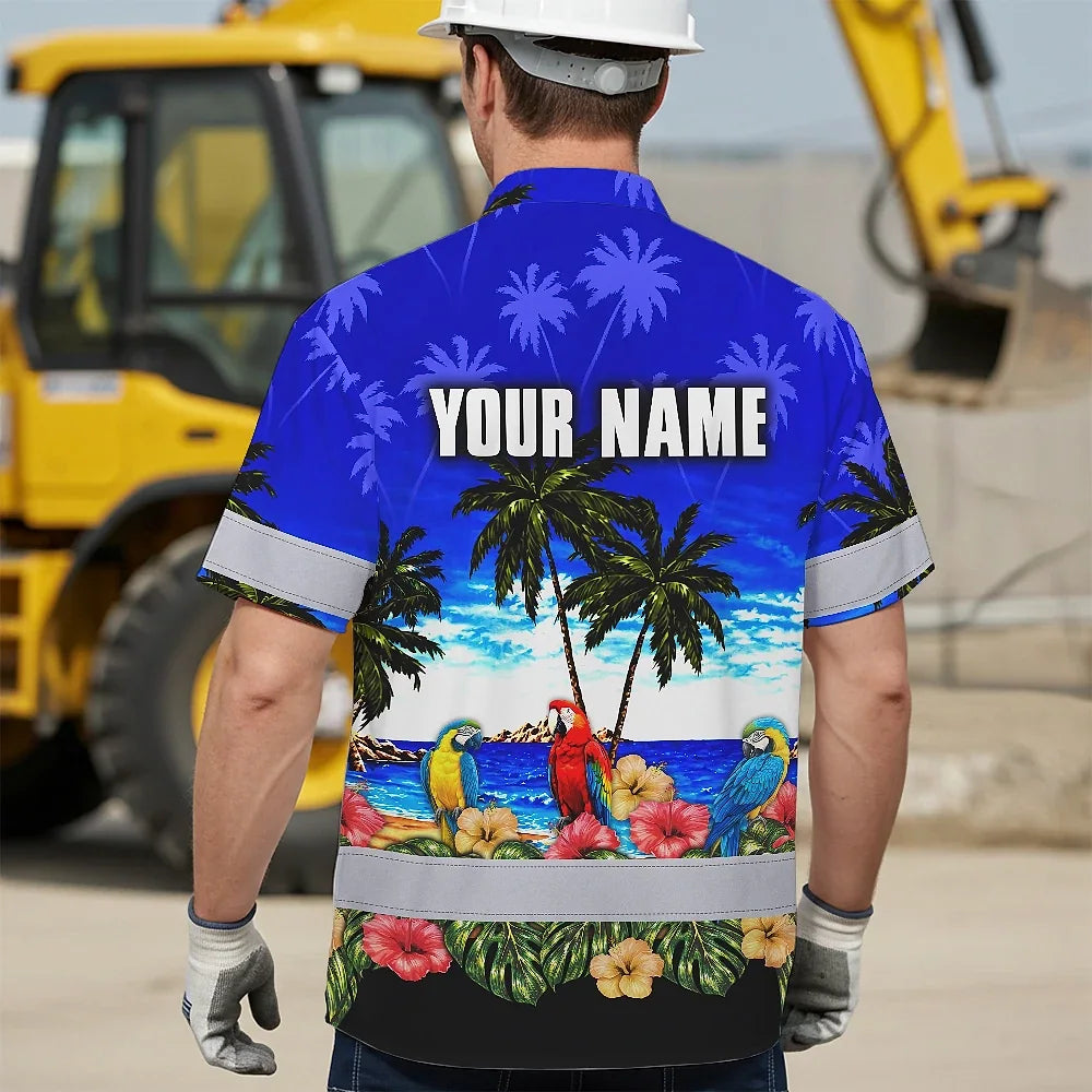 Hi Vis Hawaiian Shirt Reflective Tapes Blue Black Parrot Hawaii Custom Name Safety Workwear For Workers, Truckers, Operators