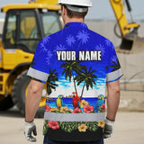 Hi Vis Hawaiian Shirt Reflective Tapes Blue Black Parrot Hawaii Custom Name Safety Workwear For Workers, Truckers, Operators