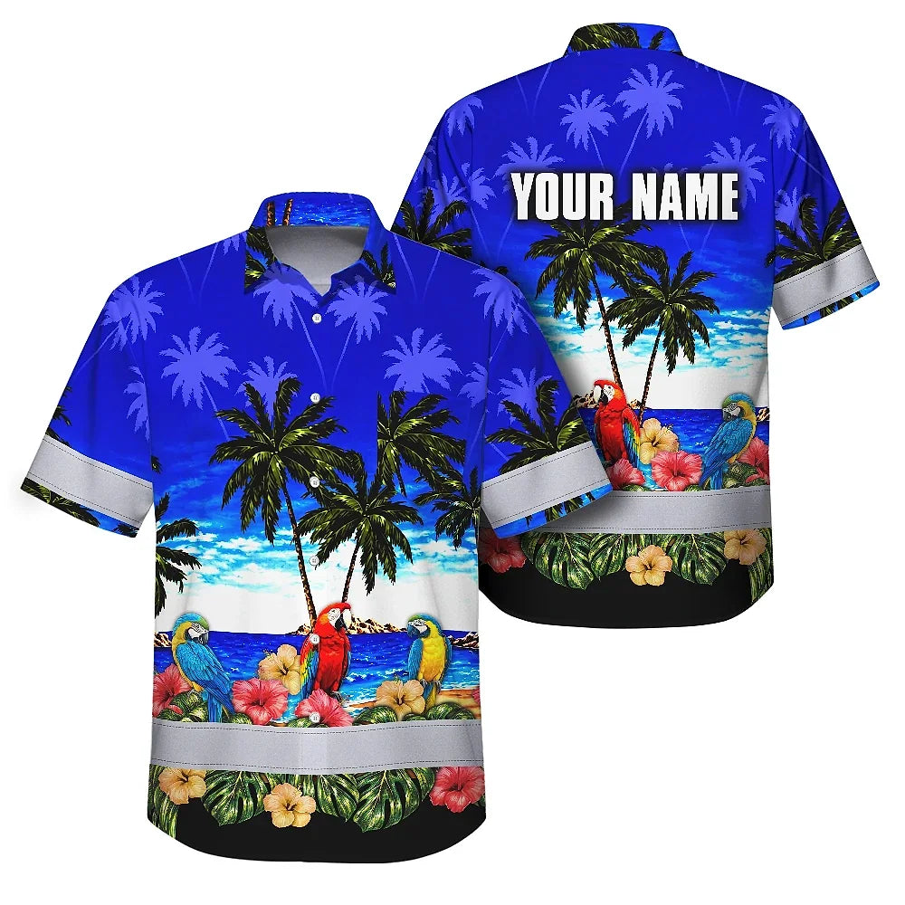 Hi Vis Hawaiian Shirt Reflective Tapes Blue Black Parrot Hawaii Custom Name Safety Workwear For Workers, Truckers, Operators