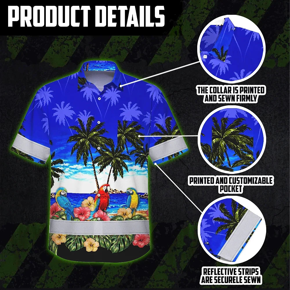 Hi Vis Hawaiian Shirt Reflective Tapes Blue Black Parrot Hawaii Custom Name Safety Workwear For Workers, Truckers, Operators