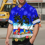 Hi Vis Hawaiian Shirt Reflective Tapes Blue Black Parrot Hawaii Custom Name Safety Workwear For Workers, Truckers, Operators