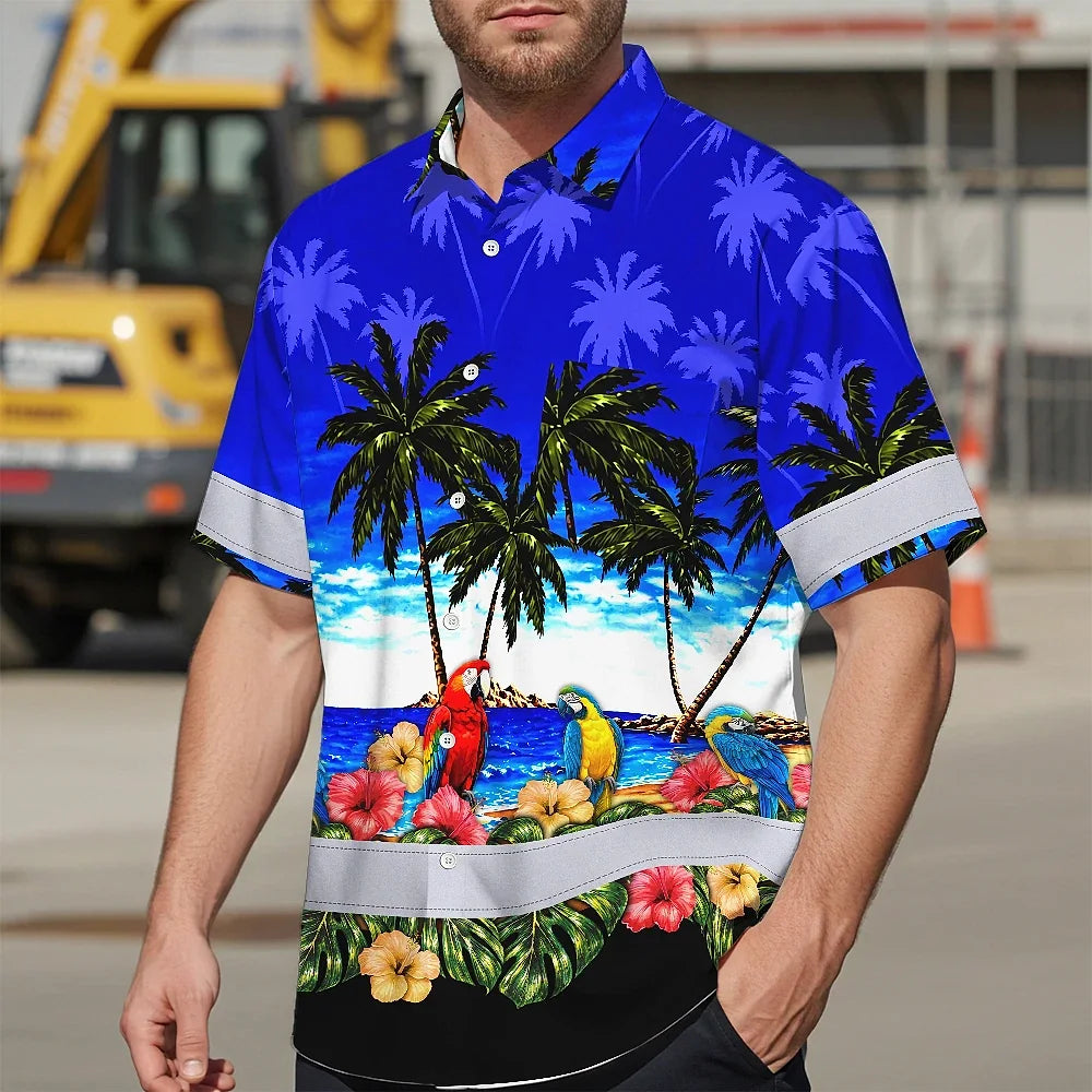 Hi Vis Hawaiian Shirt Reflective Tapes Blue Black Parrot Hawaii Custom Name Safety Workwear For Workers, Truckers, Operators