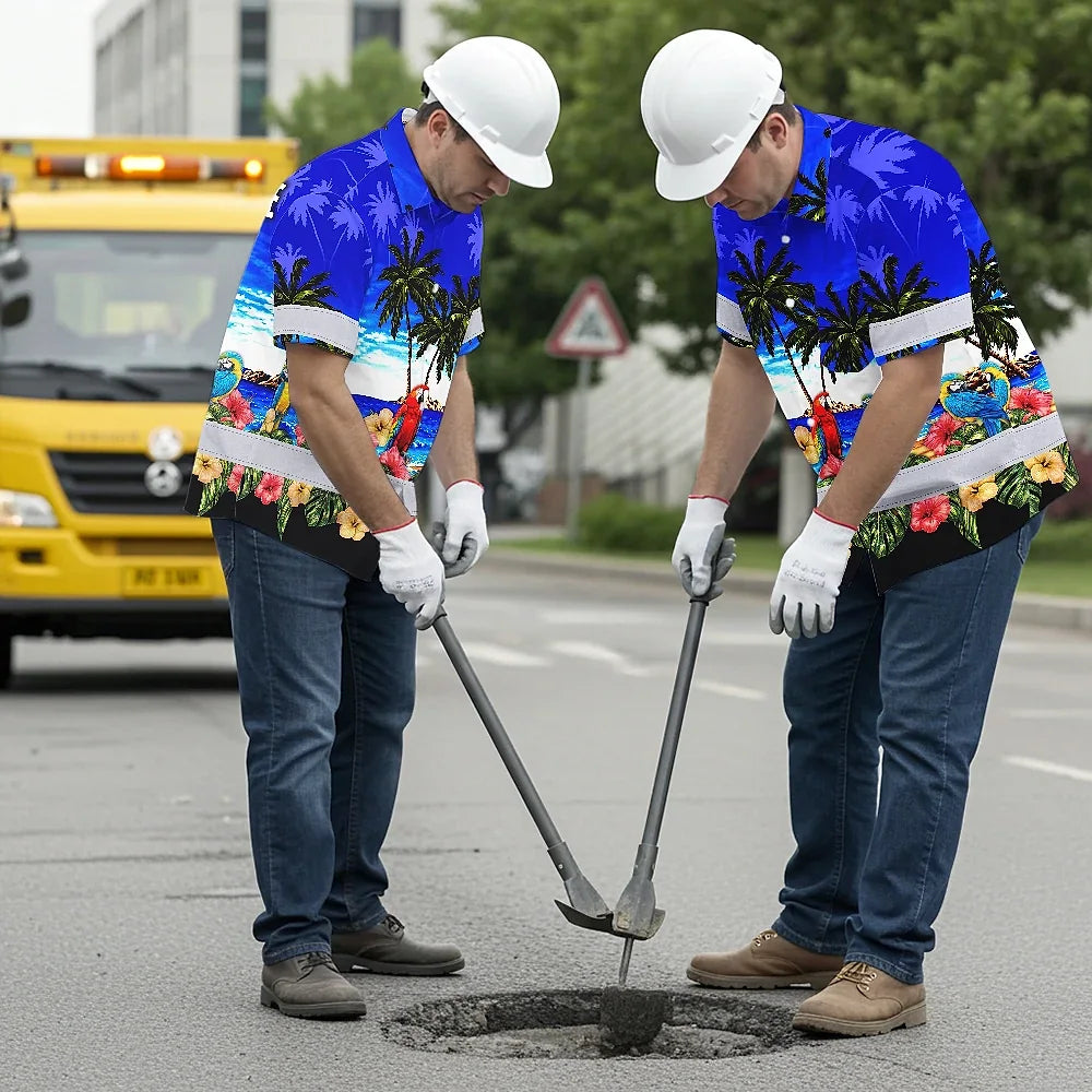 Hi Vis Hawaiian Shirt Reflective Tapes Blue Black Parrot Hawaii Custom Name Safety Workwear For Workers, Truckers, Operators